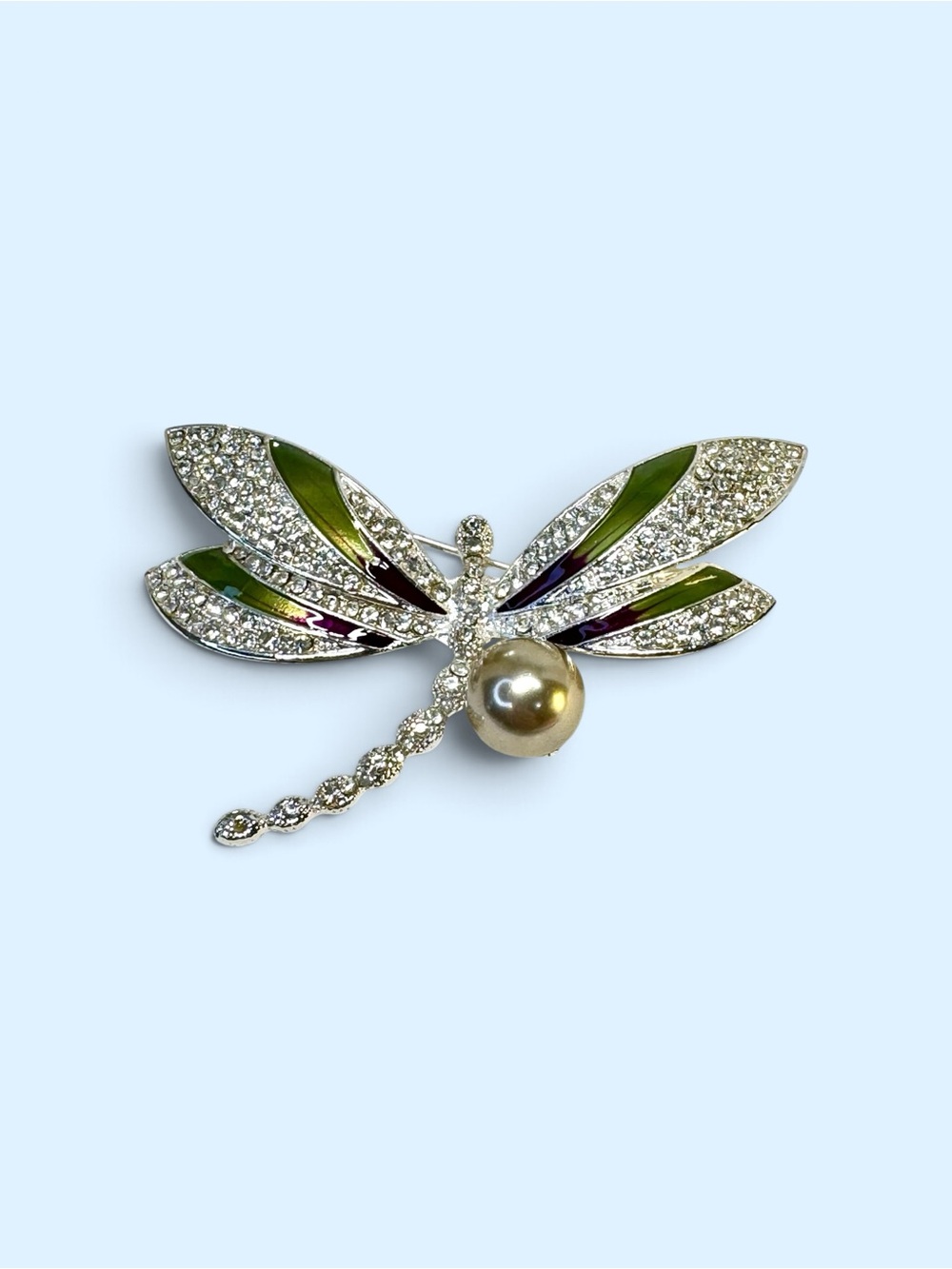 Napier Crystal Dragonfly Brooch with Green Enamel and Gold Pearl